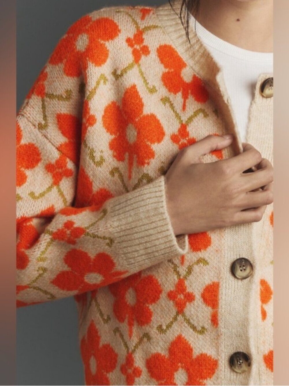 Anthropologie Cream Cardigan with Orange Floral Pattern - Picture 8 of 16